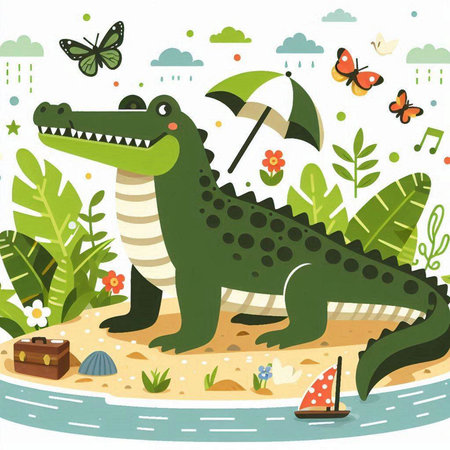 Crocodile on the island. Vector illustration in cartoon styleのイラスト素材