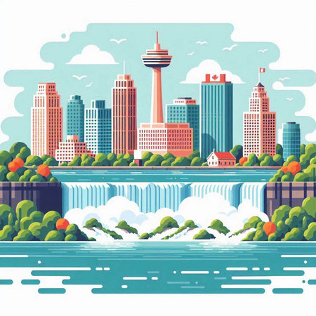 Cityscape with waterfalls and skyscrapers. Vector illustration.のイラスト素材