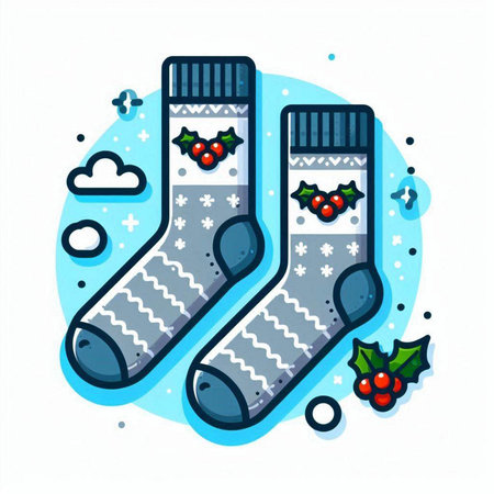 Christmas socks with holly berry and snowflakes. Vector illustration.のイラスト素材
