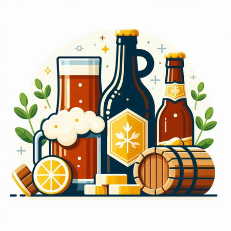 Beer collection. Vector illustration in flat style. Glasses of beer, bottle, barrel, ice cubes, hop, lemon, green leaves.のイラスト素材