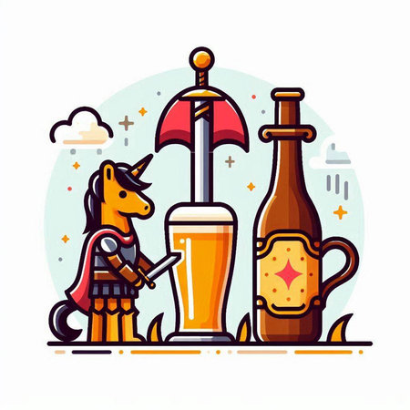Knight with sword and beer. Vector illustration in flat linear style.のイラスト素材