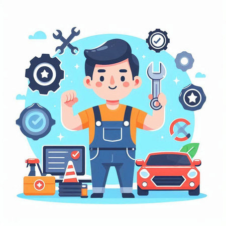 Auto mechanic. Mechanic with tools. Vector illustration in cartoon styleのイラスト素材