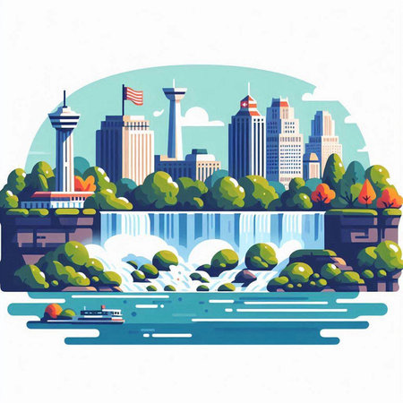 Landscape with river and buildings. Vector illustration in flat style.のイラスト素材