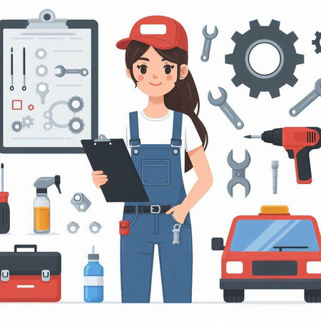 Female Mechanic Holding Clipboard with Tools and Car. Vector illustrationのイラスト素材