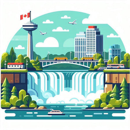 Flat design modern vector illustration concept of city landscape with river, bridge, river, skyscrapers, buildings, green trees and boatsのイラスト素材