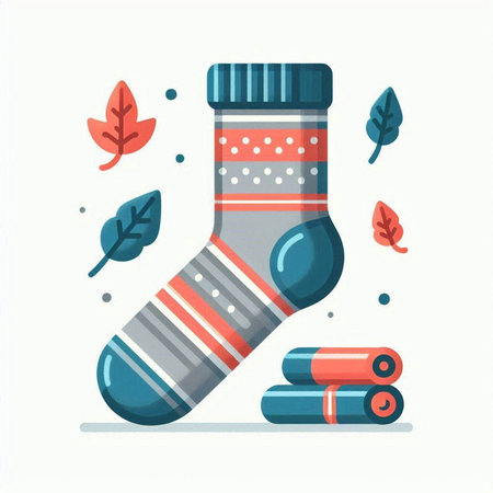 Sock with leaves and firecrackers. Flat vector illustration.のイラスト素材