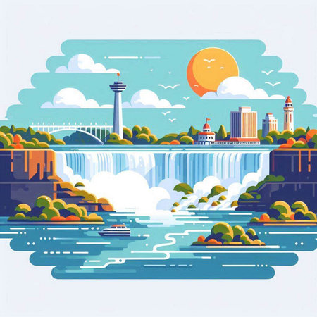 Landscape of the Niagara Falls in Canada. Flat style vector illustration.のイラスト素材