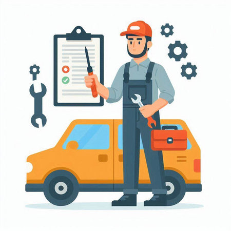 Auto mechanic with wrench and screwdriver in hand. Mechanic repairing car. Vector illustration.のイラスト素材