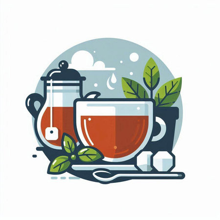 Cup of tea with mint leaves and teapot. Vector illustration.のイラスト素材