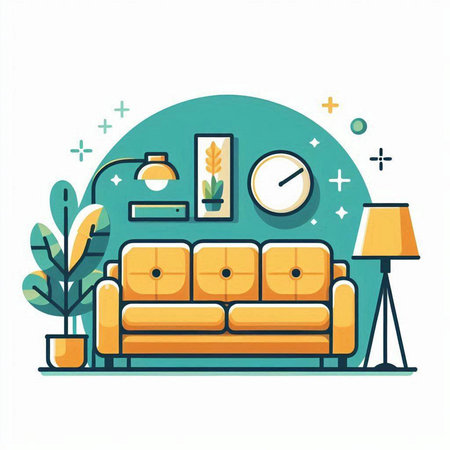 Living room with sofa, lamp, plant and clock. Flat style vector illustration.のイラスト素材