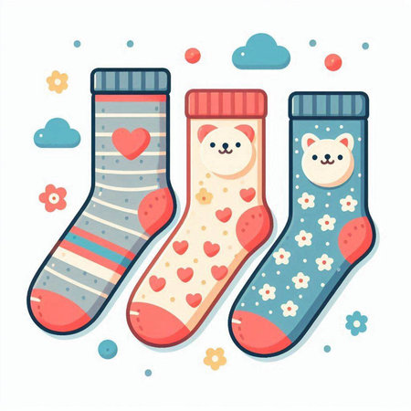 Cute socks with hearts and flowers. Vector illustration in cartoon style.のイラスト素材