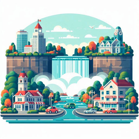 City landscape with waterfalls and buildings. Vector illustration in flat styleのイラスト素材