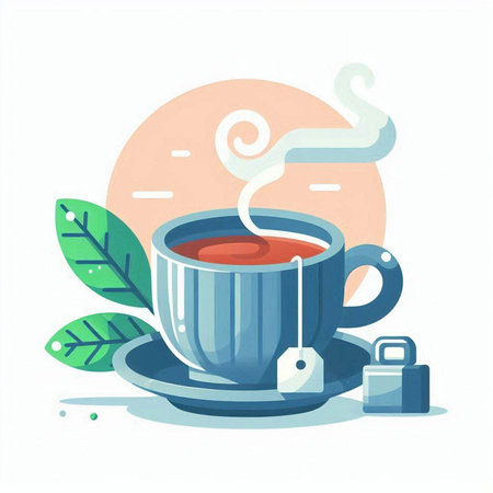 Cup of tea with teabag and leaves. Vector illustrationのイラスト素材