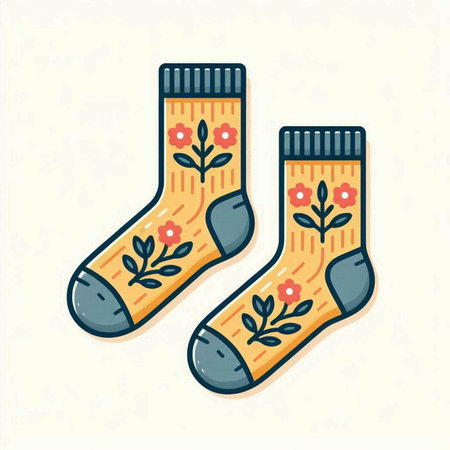 Pair of knitted socks with floral pattern. Vector illustration.のイラスト素材