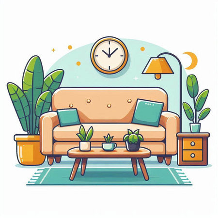 Living room interior with sofa, coffee table, plant and clock. Vector illustrationのイラスト素材