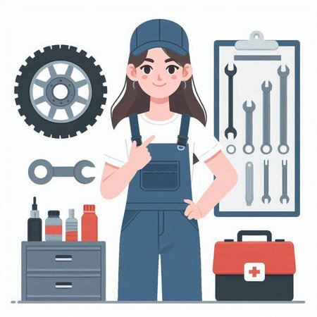 Female mechanic with tools. Vector illustration in a flat style on white background.のイラスト素材