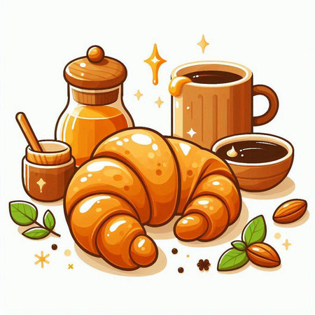 Coffee, croissant and honey. Vector illustration.のイラスト素材