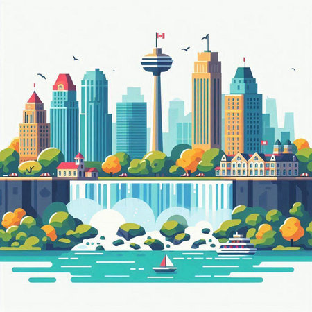 City landscape with skyscrapers and river. Vector illustration in flat styleのイラスト素材