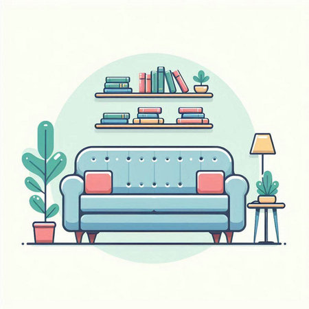 Living room interior with sofa, bookshelf and plants. Vector illustration.のイラスト素材