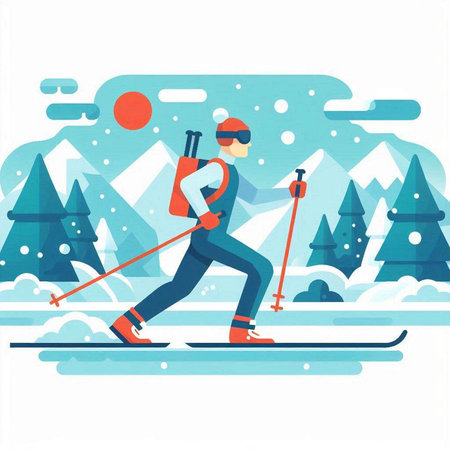 Man skiing in mountains flat vector illustration. Winter sport and recreation.のイラスト素材