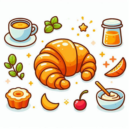 Vector illustration of croissant, jam, cup of coffee and honey.のイラスト素材