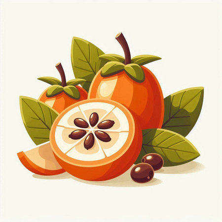 Illustration of persimmon fruits with leaves. Vector illustration.のイラスト素材