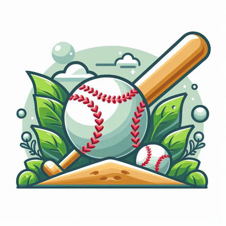 Baseball ball with bat and green leaves. Vector illustration in cartoon style.のイラスト素材