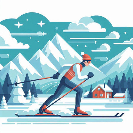 Man skiing in mountains. Winter sport. Vector illustration in flat styleのイラスト素材
