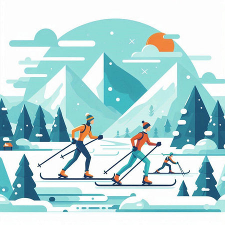 Winter sports. Skiers cross-country skiing. Vector illustration.のイラスト素材