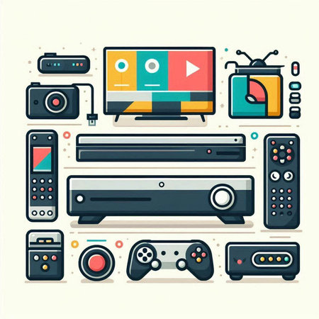 Vector set of flat design video game elements. Video player, joystick, video game controller, video camera, video game console.のイラスト素材