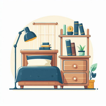 Bedroom interior with furniture, bookshelf, lamp and plants. Vector illustrationのイラスト素材