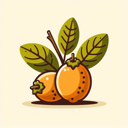 Ripe persimmon fruit with green leaves. Vector illustration.のイラスト素材