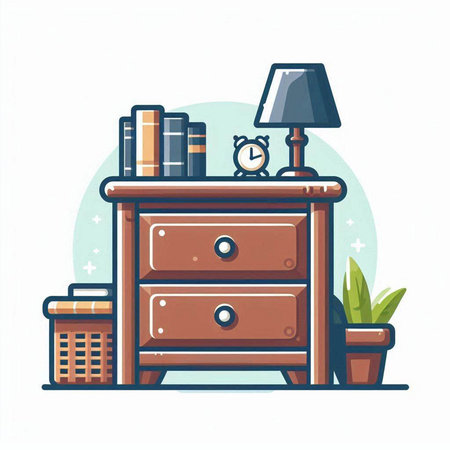 Bedside table with books and lamp. Vector illustration in flat styleのイラスト素材