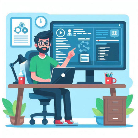 Programmer working on computer. Programmer at work. Vector illustrationのイラスト素材