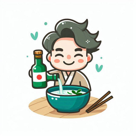 Illustration of a boy cooking soup with chopsticks and a bottle of sakeのイラスト素材