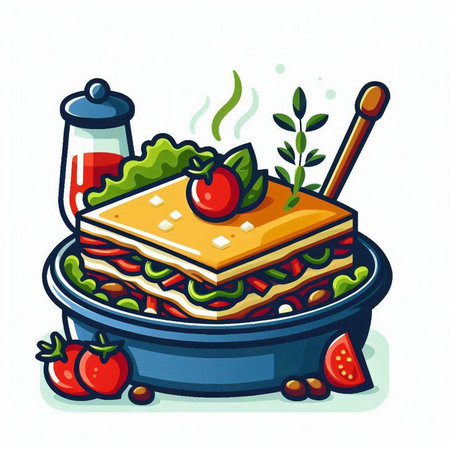 Sandwich in a frying pan with tomato juice and herbs. Vector illustration.のイラスト素材