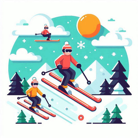People skiing in mountains flat vector illustration. Cartoon man and woman on skis on winter vacation. Winter sport activity and recreation.のイラスト素材