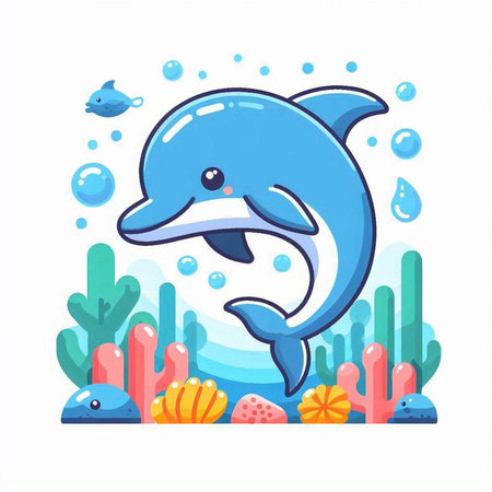 Cute cartoon dolphin swimming under the water. Vector illustration in flat styleのイラスト素材
