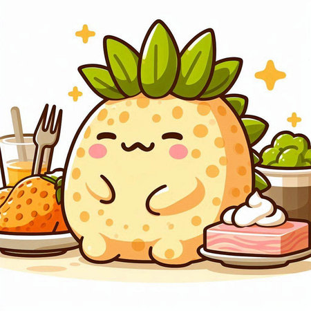Illustration of a Smiling Strawberry Mascot Character with Healthy Foodのイラスト素材