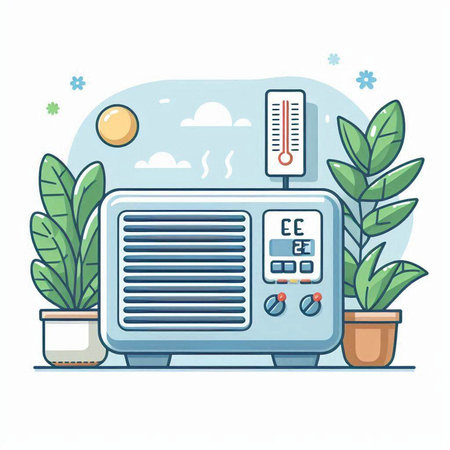 Retro radio with thermometer and plants. Flat vector illustration.のイラスト素材