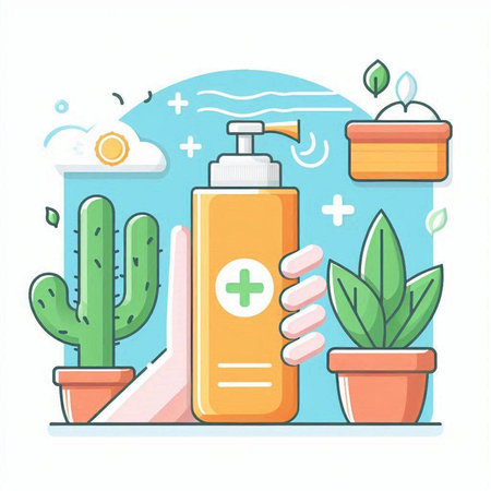 Illustration of hand sanitizer with cactus and plants on white backgroundのイラスト素材