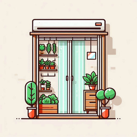 Window with potted plants. Vector illustration in flat cartoon style.のイラスト素材
