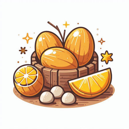 Illustration of fresh oranges in a basket. Vector illustration on white background.のイラスト素材