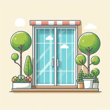 Illustration of a building with a window and plants. Vector illustrationのイラスト素材