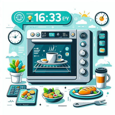 Vector illustration in flat style with kitchen appliances and food for breakfast.のイラスト素材