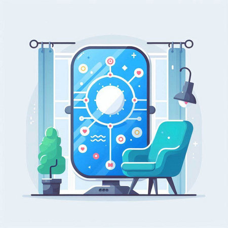 Futuristic office interior with computer, chair and lamp. Vector illustration.のイラスト素材