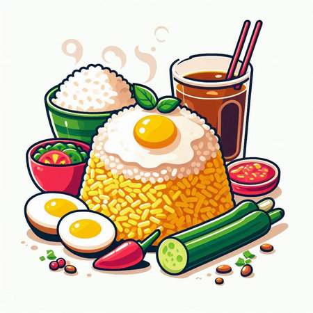 Illustration of japanese rice with vegetables and fried egg.のイラスト素材