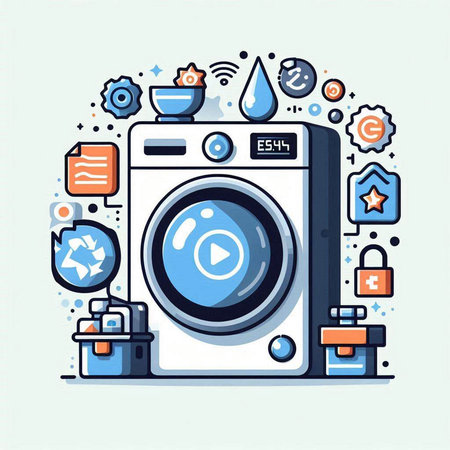 Washing machine with icons. Vector illustration in thin line style.のイラスト素材