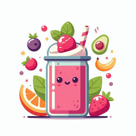 Smiling smoothie in a jar with fruits and berries. Vector illustration.のイラスト素材