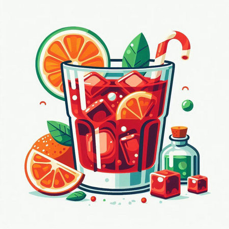 Cocktail with orange, ice and mint. Vector illustration.のイラスト素材
